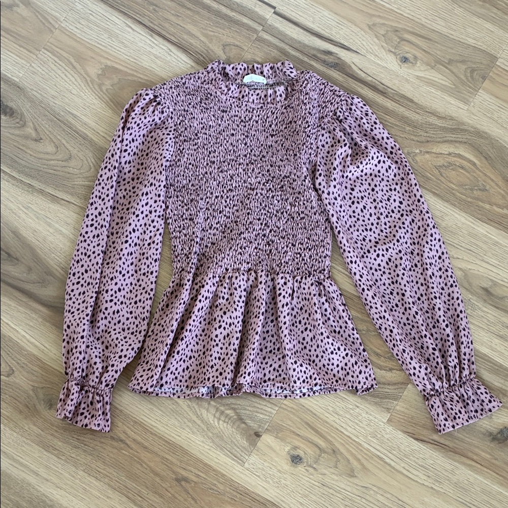 Elegant Mauve Polka Dot Smocked Blouse